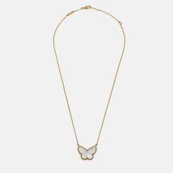 Pre Owned Van Cleef & Arpels Lucky Alhambra Butterfly Mother of Pearl 18k Yellow Gold Necklace