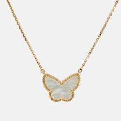 Pre Owned Van Cleef & Arpels Lucky Alhambra Butterfly Mother of Pearl 18k Yellow Gold Necklace