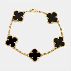 Pre Owned Van Cleef & Arpels Vintage Alhambra Onyx 18k Yellow Gold 5 Motif Station Bracelet