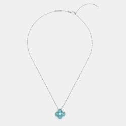 Pre Owned Van Cleef & Arpels Vintage Alhambra Limited Edition Holiday 2022 Celadon Sevres Porcelain Diamond 18k White Gold Necklace