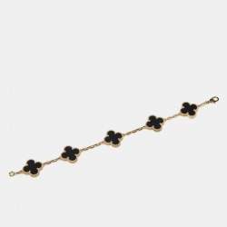 Pre Owned Van Cleef & Arpels Vintage Alhambra Onyx 18k Yellow Gold 5 Motif Station Bracelet