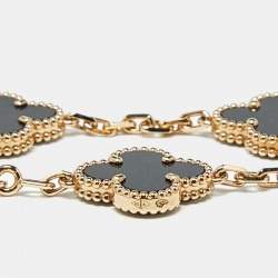 Pre Owned Van Cleef & Arpels Vintage Alhambra Onyx 18k Yellow Gold 5 Motif Station Bracelet