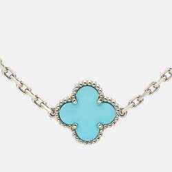 Pre Owned Van Cleef & Arpels Vintage Alhambra Turquoise 18k White Gold 10 Motifs Station Necklace