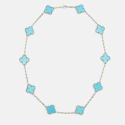 Pre Owned Van Cleef & Arpels Vintage Alhambra Turquoise 18k White Gold 10 Motifs Station Necklace