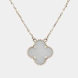 Pre Owned Van Cleef & Arpels Vintage Alhambra Chalcedony 18k White Gold Pendant Necklace
