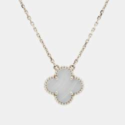 Pre Owned Van Cleef & Arpels Vintage Alhambra Chalcedony 18k White Gold Pendant Necklace