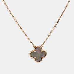 Pre Owned Van Cleef & Arpels Vintage Alhambra Grey Mother of Pearl 18k Rose Gold Necklace