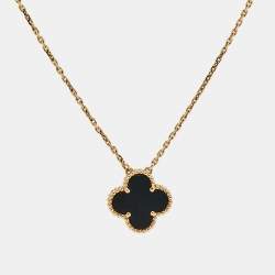 Pre Owned Van Cleef & Arpels Vintage Alhambra Onyx 18k Yellow Gold Necklace