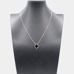 Pre Owned Van Cleef & Arpels 18K Yellow Gold and Onyx Vintage Alhambra Pendant Necklace