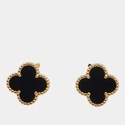 Pre Owned Van Cleef & Arpels Vintage Alhambra Onyx 18k Yellow Gold Earrings
