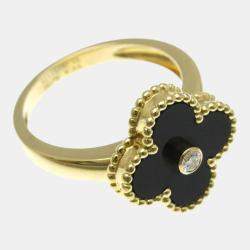 Pre Owned Van Cleef & Arpels Vintage Alhambra 18K Yellow Gold, Diamond, Onyx Band Ring EU 53