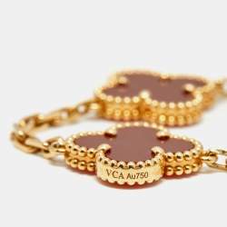 Pre Owned Van Cleef & Arpels Vintage Alhambra 18k Yellow Gold Carnelian 5 Motif Station Bracelet