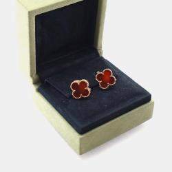 Pre Owned Van Cleef & Arpels Vintage Alhambra Carnelian 18k Yellow Gold Earrings