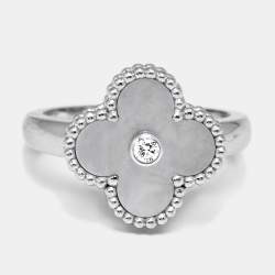 مملوكة مسبقًا Van Cleef & Arpels Vintage Alhambra Diamond Mother of Pearl 18k White Gold Ring