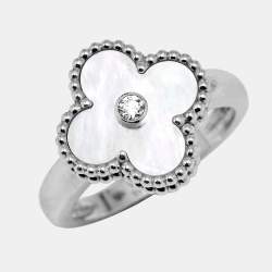 مملوكة مسبقًا Van Cleef & Arpels Vintage Alhambra Diamond Mother of Pearl 18k White Gold Ring