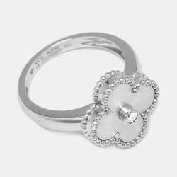 مملوكة مسبقًا Van Cleef & Arpels Vintage Alhambra Diamond Mother of Pearl 18k White Gold Ring