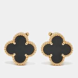 Pre Owned Van Cleef & Arpels Vintage Alhambra Onyx 18k Yellow Gold Earrings