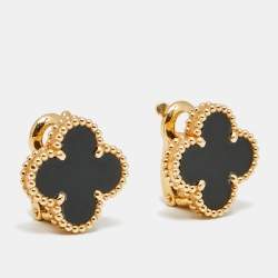 Pre Owned Van Cleef & Arpels Vintage Alhambra Onyx 18k Yellow Gold Earrings