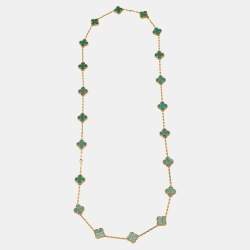 مملوكة مسبقًا Van Cleef & Arpels Vintage Alhambra Malachite 18k Yellow Gold 20 Motif Long Necklace