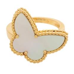 مملوكة مسبقًا Van Cleef & Arpels Lucky Alhambra Butterfly Motif Mother of Pearl 18K Yellow Gold Ring Size 55
