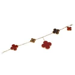 Pre Owned Van Cleef & Arpels Magic Alhambra 5 Motifs Carnelian Tiger's Eye 18K Yellow Gold Station Bracelet