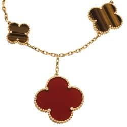 Pre Owned Van Cleef & Arpels Magic Alhambra 5 Motifs Carnelian Tiger's Eye 18K Yellow Gold Station Bracelet