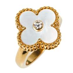 Pre Owned Van Cleef & Arpels Vintage Alhambra Diamond Mother of Pearl 18K Yellow Gold Ring Size 50