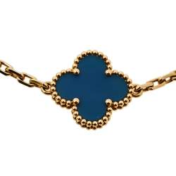 Pre Owned Van Cleef & Arpels Vintage Alhambra 5 Motif Blue Agate 18K Yellow Gold Station Bracelet