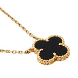Pre Owned Van Cleef & Arpels Vintage Alhambra Onyx 18K Yellow Gold Pendant Necklace 