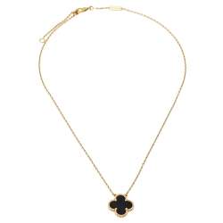 Pre Owned Van Cleef & Arpels Vintage Alhambra Onyx 18K Yellow Gold Pendant Necklace 