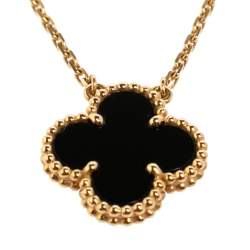 Pre Owned Van Cleef & Arpels Vintage Alhambra 18K Yellow Gold Onyx Pendant Necklace