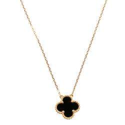 Van Cleef Arpels Necklace Vintage Alhambra Pendant Onyx Black Yellow Gold  18K K1