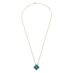 مملوكة مسبقًا Van Cleef & Arpels Vintage Alhambra Blue Inlay Diamond 18K Yellow Gold Pendant Necklace
