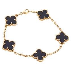 Pre Owned Van Cleef & Arpels Vintage Alhambra 5 Motifs Onyx 18K Yellow Gold Bracelet