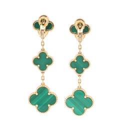 Pre Owned Van Cleef & Arpels Magic Alhambra Malachite 18K Yellow Gold Earrings 