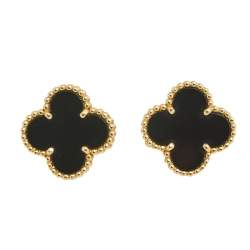 Pre Owned Van Cleef & Arpels Vintage Alhambra Onyx 18k Yellow Gold Stud Earrings