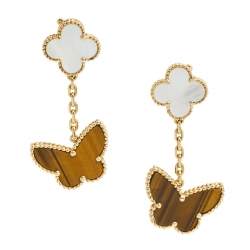 مملوكة مسبقًا Van Cleef & Arpels Lucky Alhambra Mother of Pearl Tiger's Eye 18k Yellow Gold Drop Earrings