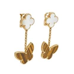 مملوكة مسبقًا Van Cleef & Arpels Lucky Alhambra Mother of Pearl Tiger's Eye 18k Yellow Gold Drop Earrings