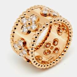 Pre Owned Van Cleef & Arpels Perlée Clover Diamond 18k Rose Gold Large Model Band Ring Size 51