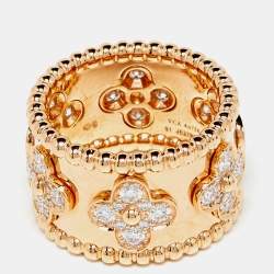 Pre Owned Van Cleef & Arpels Perlée Clover Diamond 18k Rose Gold Large Model Band Ring Size 51