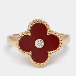 Pre Owned Van Cleef & Arpels Vintage Alhambra Carnelian 18k Yellow Gold Ring Size 54