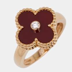 Pre Owned Van Cleef & Arpels Vintage Alhambra Carnelian 18k Yellow Gold Ring Size 54
