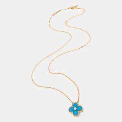 Pre Owned Van Cleef & Arpels Celestial Blue Sevres Vintage Alhambra 18K Yellow Gold Diamond Necklace