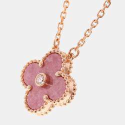 Pre Owned Van Cleef & Arpels Vintage Alhambra 18K Rose Gold Diamond Rhodonite Necklace