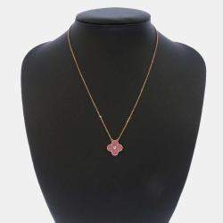 Pre Owned Van Cleef & Arpels Vintage Alhambra 18K Rose Gold Diamond Rhodonite Necklace