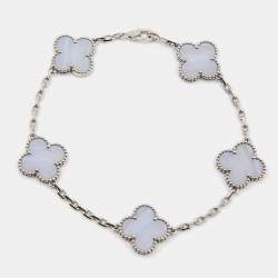 Pre Owned Van Cleef & Arpels Vintage Alhambra Chalcedony 5 Motif 18k White Gold Station Bracelet