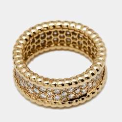 Pre Owned Van Cleef & Arpels Perlée Diamonds 3 Rows 18k Yellow Gold Ring Size 50