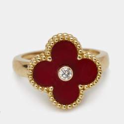 Pre Owned Van Cleef & Arpels Vintage Alhambra Carnelian Diamond 18k Yellow Gold Ring Size 50 