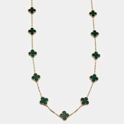 Pre Owned Van Cleef & Arpels Vintage Alhambra Malachite 20 Motif 18k Yellow Gold Long Necklace