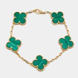 Pre Owned Van Cleef & Arpels Vintage Alhambra  Malachite 18k Yellow Gold 5 Motif Station Bracelet